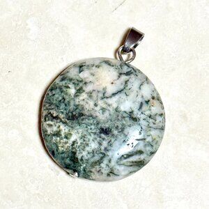 2/$20, White Green Tree Agate Pendant, Large Coin Shape Genuine Gemstone Pendant